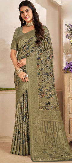 Beige and Brown color Saree in Silk fabric with Floral, Weaving, Zari work