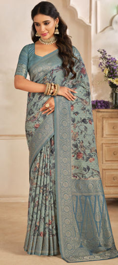 Beige and Brown, Blue color Saree in Silk fabric with Floral, Weaving, Zari work