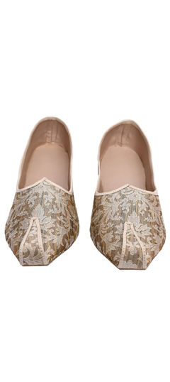 Beige and Brown color Mojari in Jamawar fabric with Zari work