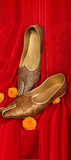 Beige and Brown color Mojari in Dupion Silk fabric with Thread work