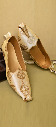 Beige and Brown color Mojari in Dupion Silk fabric with Embroidered work