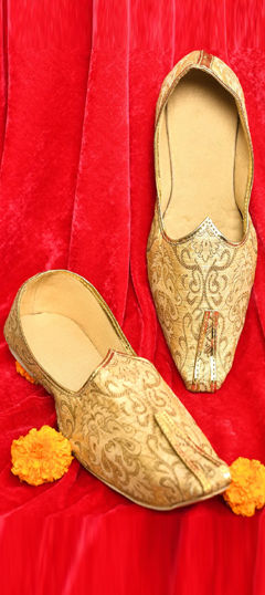 Beige and Brown color Mojari in Jamawar fabric with Thread, Zari work