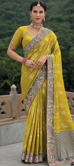 Yellow color Saree in Silk fabric with Embroidered, Sequence, Stone, Weaving, Zari work