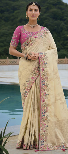 Beige and Brown color Saree in Silk fabric with Embroidered, Sequence, Stone, Weaving, Zari work