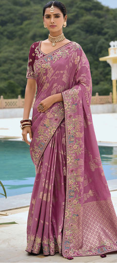 Pink and Majenta color Saree in Silk fabric with Embroidered, Sequence, Stone, Weaving, Zari work