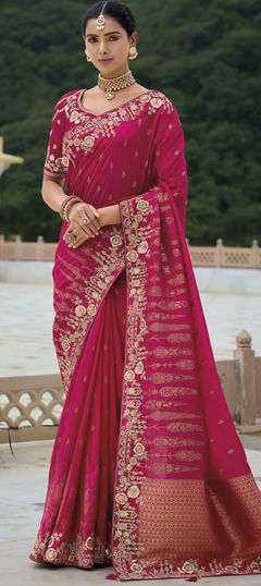 Pink and Majenta color Saree in Silk fabric with Embroidered, Sequence, Stone, Weaving, Zari work