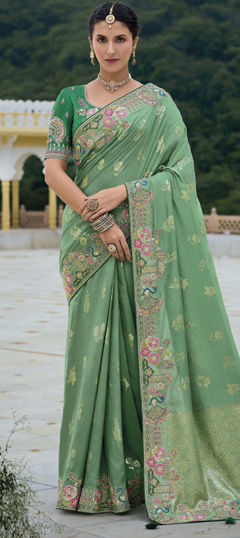 Green color Saree in Silk fabric with Embroidered, Sequence, Stone, Weaving, Zari work