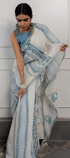 White and Off White color Saree in Cotton fabric with Digital Print work