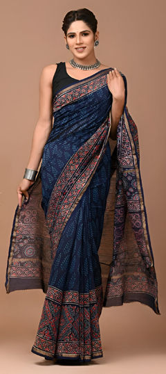 Blue color Saree in Cotton fabric with Digital Print work