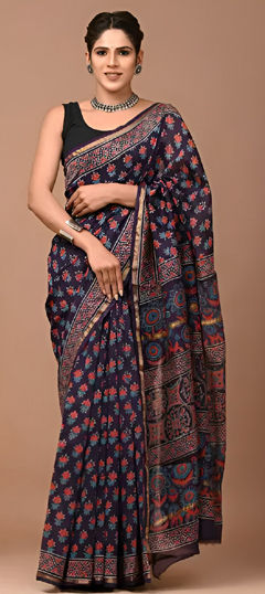 Blue color Saree in Cotton fabric with Digital Print work