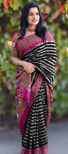 Black and Grey color Saree in Linen fabric with Printed work