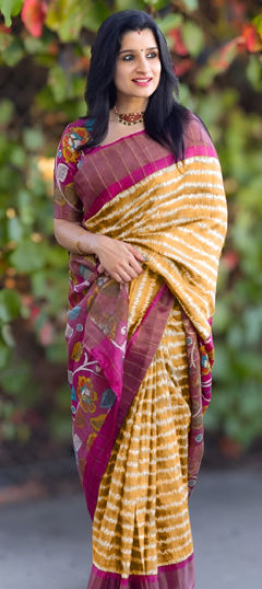 Yellow color Saree in Linen fabric with Printed work