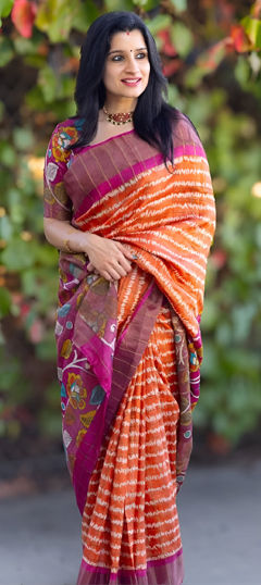 Orange color Saree in Linen fabric with Printed work