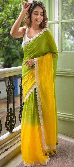 Green, Yellow color Saree in Cotton fabric with Thread work