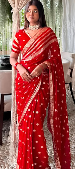 Red and Maroon color Saree in Georgette fabric with Weaving work