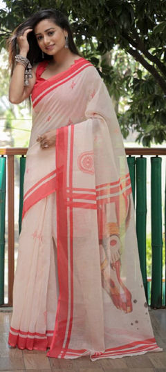 White and Off White color Saree in Linen fabric with Digital Print work