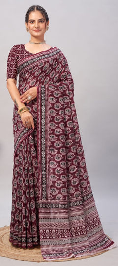 Red and Maroon color Saree in Cotton fabric with Printed work