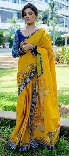 Yellow color Saree in Linen fabric with Digital Print work