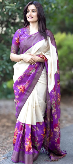 White and Off White color Saree in Linen fabric with Floral, Printed work