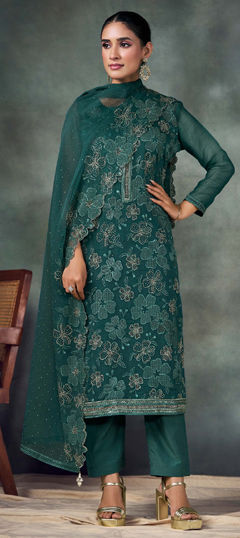 Blue color Salwar Kameez in Chiffon fabric with Embroidered, Stone, Swarovski, Thread work