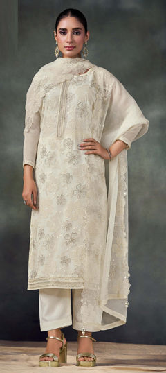 White and Off White color Salwar Kameez in Chiffon fabric with Embroidered, Stone, Swarovski, Thread work