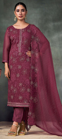 Pink and Majenta color Salwar Kameez in Chiffon fabric with Embroidered, Stone, Swarovski, Thread work