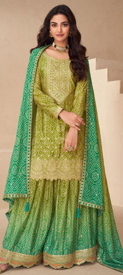 Green color Salwar Kameez in Silk fabric with Embroidered, Sequence, Thread work