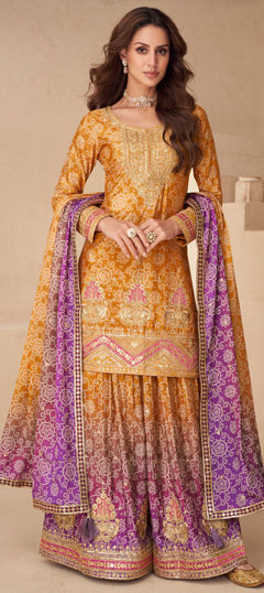 Yellow color Salwar Kameez in Silk fabric with Embroidered, Sequence, Thread work