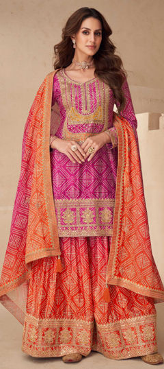 Pink and Majenta color Salwar Kameez in Silk fabric with Embroidered, Sequence, Thread work