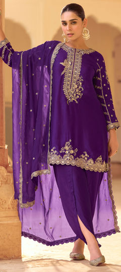 Purple and Violet color Salwar Kameez in Crepe Silk fabric with Embroidered, Sequence, Thread work