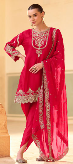 Red and Maroon color Salwar Kameez in Crepe Silk fabric with Embroidered, Sequence, Thread work