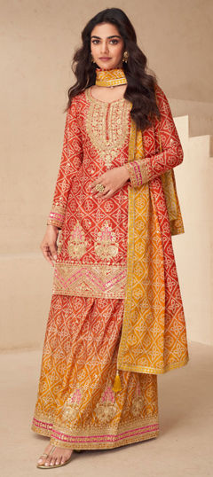 Orange color Salwar Kameez in Silk fabric with Embroidered, Sequence, Thread work