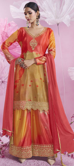 Red and Maroon, Yellow color Salwar Kameez in Silk fabric with Embroidered, Sequence, Thread, Zari work