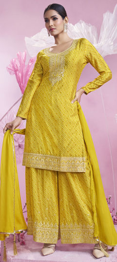 Yellow color Salwar Kameez in Silk fabric with Bandhej, Embroidered, Printed, Sequence, Thread, Zari work