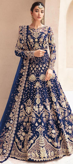 Blue color Salwar Kameez in Net fabric with Embroidered, Thread, Zari work