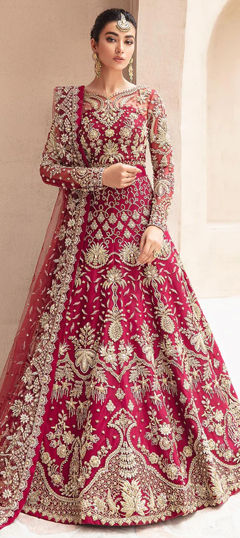 Red and Maroon color Salwar Kameez in Net fabric with Embroidered, Thread, Zari work