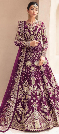 Purple and Violet color Salwar Kameez in Net fabric with Embroidered, Thread, Zari work