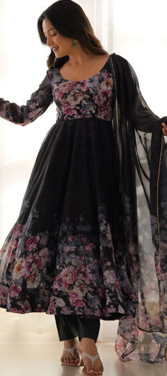 Black and Grey color Salwar Kameez in Organza Silk fabric with Floral, Printed work