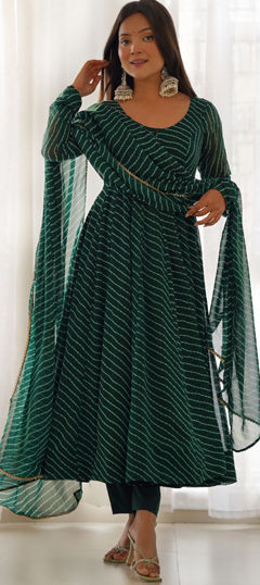 Green color Salwar Kameez in Faux Georgette fabric with Lehariya, Printed work