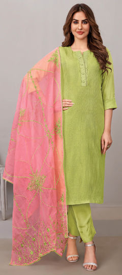 Green color Salwar Kameez in Silk fabric with Thread work