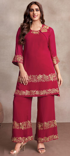 Red and Maroon color Salwar Kameez in Georgette fabric with Embroidered, Thread, Zari work