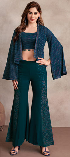 Blue color Salwar Kameez in Georgette fabric with Embroidered, Resham, Thread work