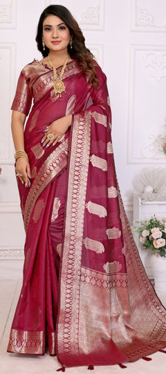 Red and Maroon color Saree in Organza Silk fabric with Weaving, Zari work