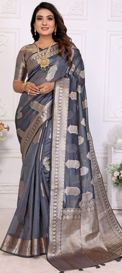 Black and Grey color Saree in Organza Silk fabric with Weaving, Zari work