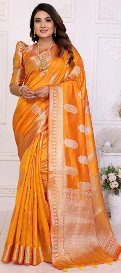 Orange color Saree in Organza Silk fabric with Weaving, Zari work