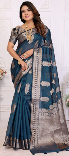 Blue color Saree in Organza Silk fabric with Weaving, Zari work