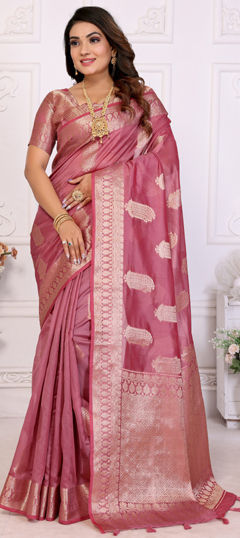 Red and Maroon color Saree in Organza Silk fabric with Weaving, Zari work