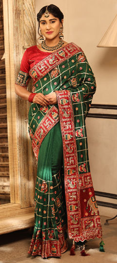 Green color Saree in Silk fabric with Embroidered, Stone, Thread work