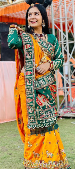Yellow color Saree in Silk fabric with Embroidered, Stone, Thread work