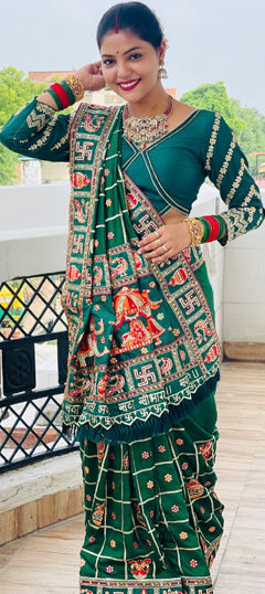 Green color Saree in Silk fabric with Embroidered, Stone, Thread work